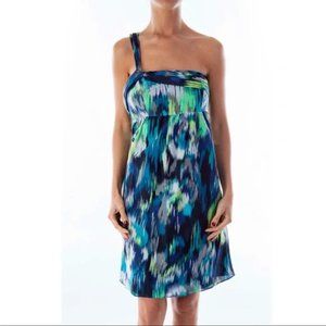 Loft Blue and Green One Shoulder Silk Dress Size 4